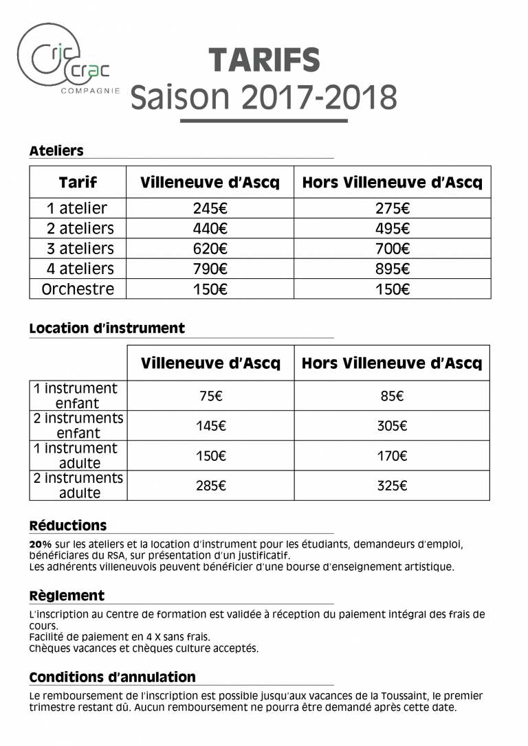 grille tarifaire A3 Cric Crac Compagnie
